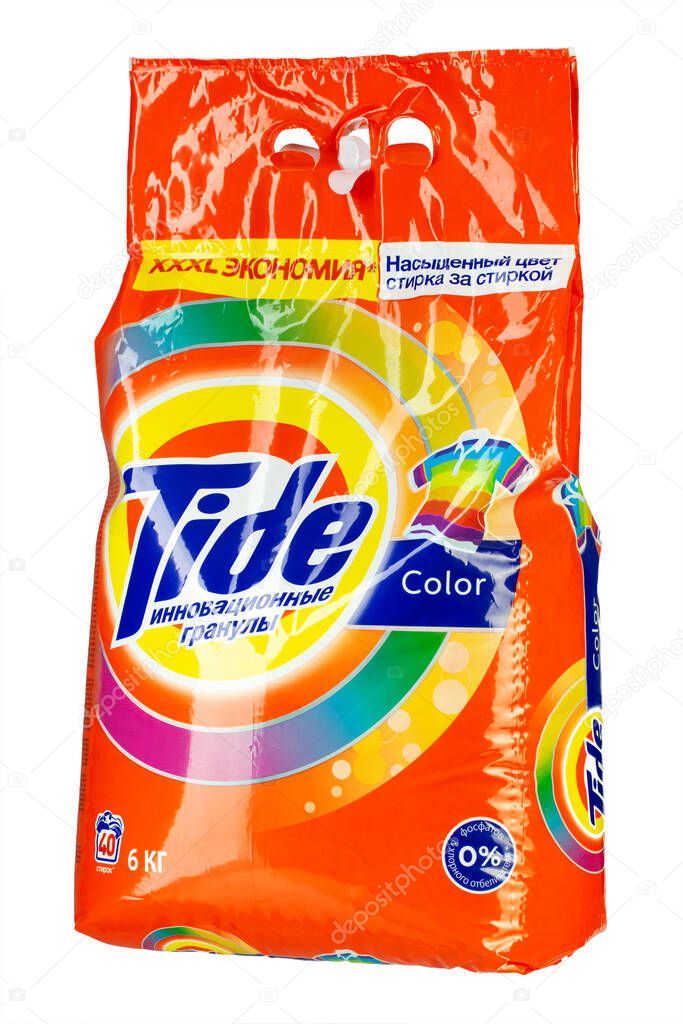 Ukraine, Kiev - February 20. 2020: Tide Washing Powder. Tide brand is a manufacturer of laundry detergent products. Field with Clipping Path.