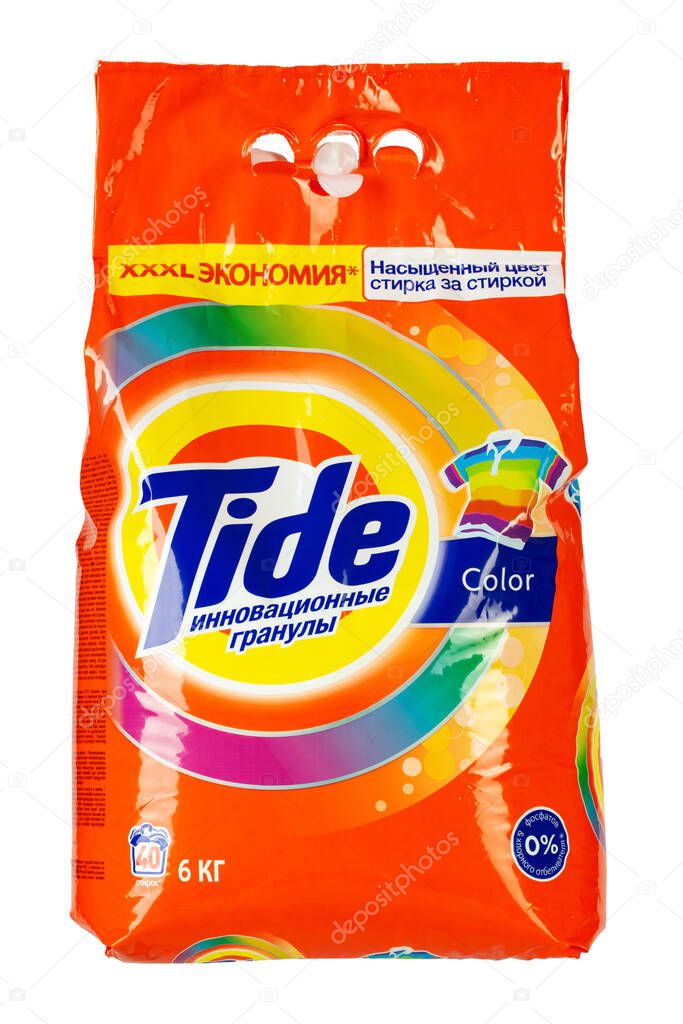 Ukraine, Kiev - February 20. 2020: Tide Washing Powder. Tide brand is a manufacturer of laundry detergent products. Field with Clipping Path.
