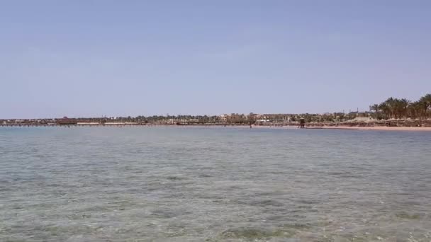 Strand mit Sonnenschirmen und Liegen in Ägypten. — Stockvideo