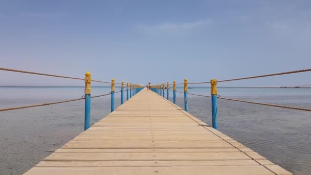 Neuer Holzsteg am Meer. Boote sind in der Ferne zu sehen. — Stockvideo