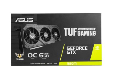 Kyiv, Ukrayna - Ekim 08.2019: Nvidia Geforce Gtx 1660ti Tuf Oyun Kutusu. Nvidia grafik işlemciler dünyasında önde gelen bir şirkettir..