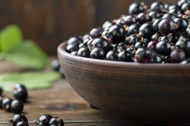 Çamur kasesi manzaralı siyah frenk üzümü. Ev bahçesinden taze meyveler..