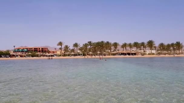 Παραλία με ομπρέλες και ξαπλώστρες στην Αίγυπτο. Resort στην ακτή της Ερυθράς Θάλασσας. — Αρχείο Βίντεο