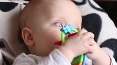 Plastik kemirgenli bebek sandalyede oturuyor..