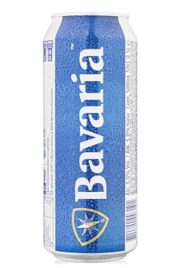 Ukrayna, Kyiv - 23 Mart 2020: Bavyera Hollanda 'nın beyaz üzerine izole edilmiş soğuk alüminyum bira kutusu. Su damlaları. Dosya kırpma yolu içeriyor.