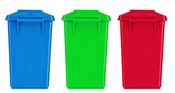 Três Caixas Reciclagem Coloridas Isoladas Fundo Branco — Fotografia de Stock