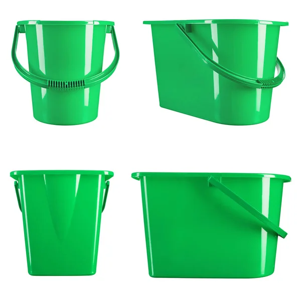 Balde Plástico Verde Sobre Fundo Branco Artigos Uso Doméstico — Fotografia de Stock