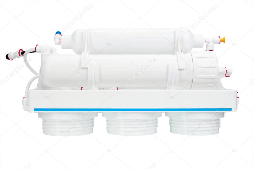 Modern filter for water purification. Five step reverse osmosis filtration system. File contains clipping path.