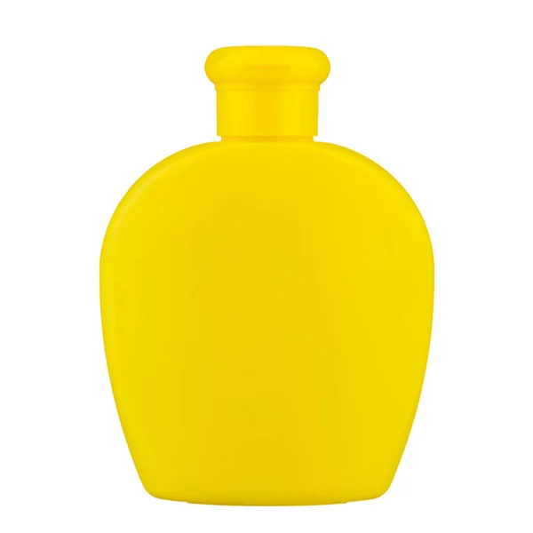 Бутылочка Детского Шампуня Белом Фоне Желтая Пластиковая Бутылка Надписей Изолированы — стоковое фото