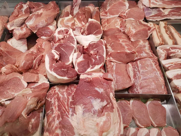 Sortimento Carne Fresca Balcão Loja Opções Churrasco Verão Resumo Contexto — Fotografia de Stock