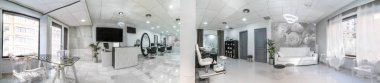 Modern, parlak bir güzellik salonunun panoramik manzarası. Kuaför salonu ve pedikür iç işleri.