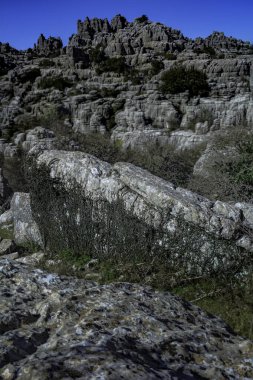 Malaga, İspanya 'daki Torcal de Antequera manzarası, alışılmadık kireçtaşlarından oluşan etkileyici bir karst manzarası.