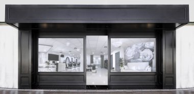 Açık hava modeli, depolama şablonu, genel mağaza cephesinin ön görünümü pencere görüntüsü ve boş posterleri ile siyah.