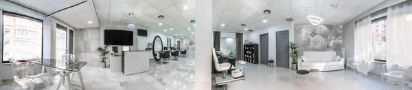 Panoramiczny Widok Nowoczesny Jasny Salon Piękności Salon Fryzjerski Pedicure Wnętrza — Zdjęcie stockowe