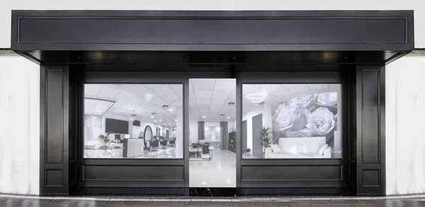 户外模拟 商店模板 带有橱窗的普通店面的前视图黑色和空白海报 — 图库照片