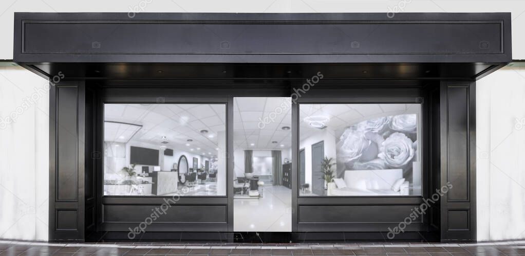 Outdoor mockup,store template,front view black of generic store facade with windows display and blanck posters.