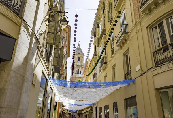 Una Las Calles Decoradas Málaga España Durante Festival Feria Catedral — Foto de Stock