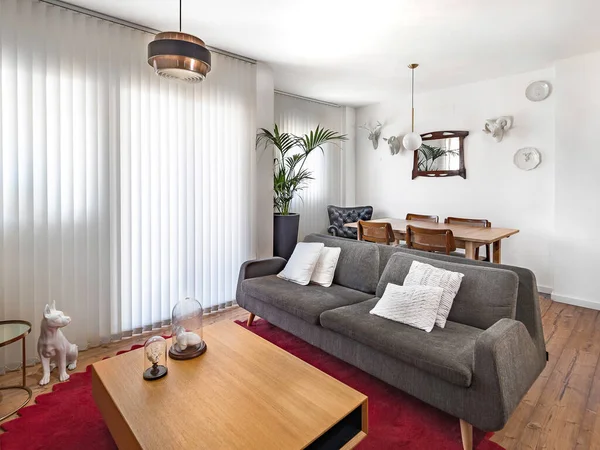 Dekorasi Interior Modern Ruang Tamu Dengan Sofa Lampu Retro Karpet — Stok Foto