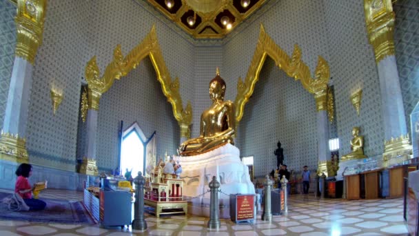 黄金の仏像に祈る女の子 バンコク — ストック動画