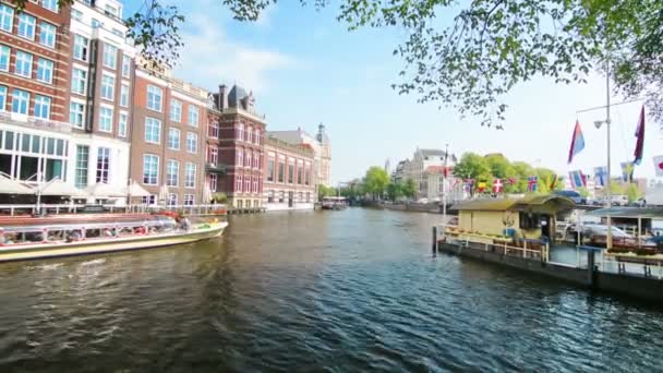 Tour Boat Sails Amsterdam Canal Sunny Day — Stock Video