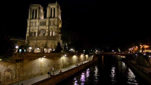 Paseo Del Sena Catedral Notre Dame Por Noche — Vídeo de stock