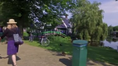 Zaanse Schans, Hollanda. Ekim 2017. İnsanlar yel değirmenlerini ve çiftlik köyünü ziyaret ediyor. Sinematik kamera hareketi.