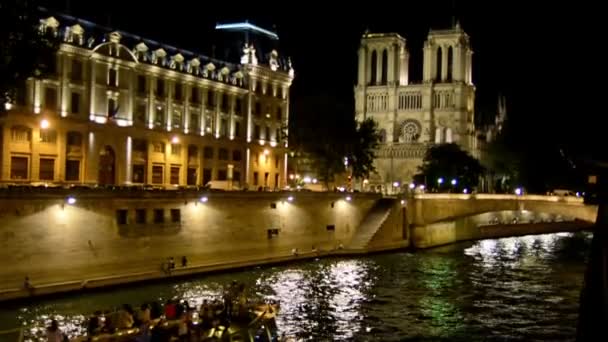 Seine Promenáda Katedrála Notre Dame Noci — Stock video