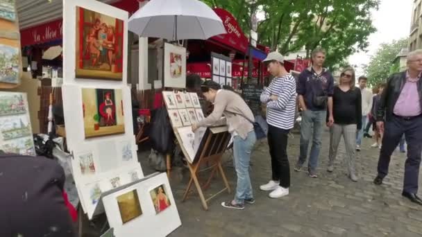 Parijs Frankrijk Circa December 2017 Toeristen Bezoeken Wijk Montmartre Schildersstraat — Stockvideo