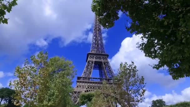 木々の間のエッフェル塔の眺め スローモーション — ストック動画