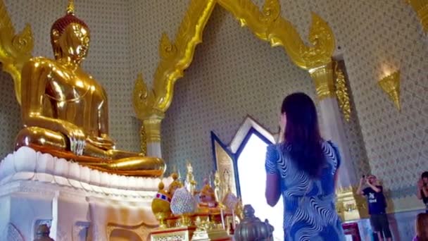 黄金の仏像に祈る女の子 バンコク — ストック動画