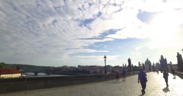 A turisták ellátogatnak a Károly hídra egy napsütéses napon. Prágai vár és Szent Vitus katedrális a háttérben. — Stock videók