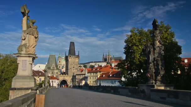 Touristen besuchen an einem sonnigen Tag die Karlsbrücke. Prager Burg und Veitsdom im Hintergrund. — Stockvideo