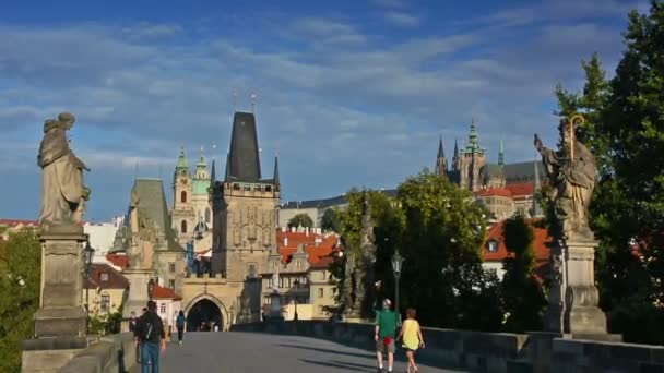 Turister besöker Karlsbron en solig dag. Prag slott och Saint Vitus katedralen på bakgrunden. — Stockvideo