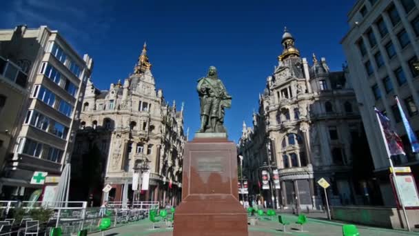 Antwerpia Belgia Około Sierpnia 2016 Posąg David Teniers Słoneczny Dzień — Wideo stockowe