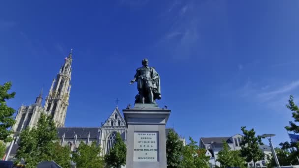 Amberes Bélgica Alrededor Agosto 2016 Estatua Rubens Amberes Día Soleado — Vídeo de stock