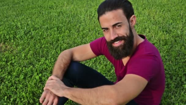 Young Confident Bearded Man Grass Park — Stock Video