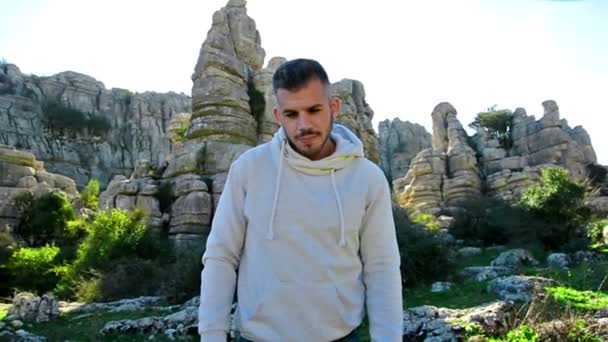 Young Confident Handsome Man Posing Nature Sunny Day — Stock Video