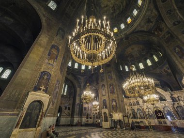 Sofya, Bulgaristan. Temmuz 2018 civarı. Alexander Nevsky Katedrali 'nin Panorama manzarası 