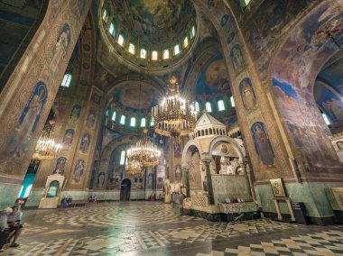 Sofya, Bulgaristan. Temmuz 2018 civarı. Alexander Nevsky Katedrali 'nin Panorama manzarası 