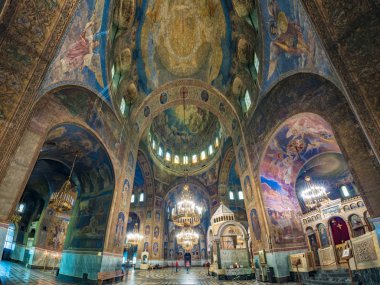 Sofya, Bulgaristan. Temmuz 2018 civarı. Alexander Nevsky Katedrali 'nin Panorama manzarası 