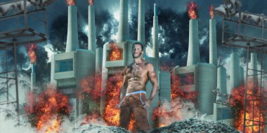 Seksi model süper kahraman. Kıyamet sonrası bir konseptin panorama fotoğraf kolajı.