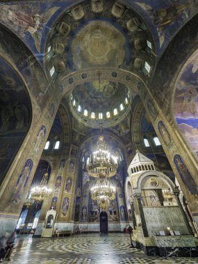 Sofya, Bulgaristan. Temmuz 2018 civarı. Alexander Nevsky Katedrali 'nin Panorama manzarası 