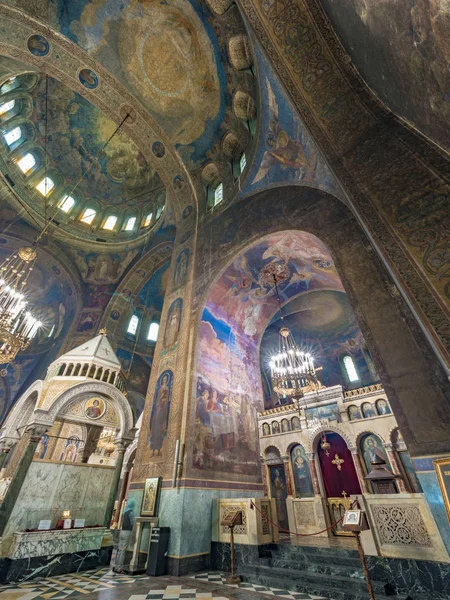 Sofia, Bulgaria. Circa July 2018. Panorama view of the interior of Alexander Nevsky cathedral — Stock Photo, Image