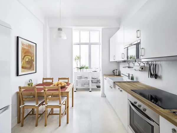 New Stylish Bright Kitchen White Cabinets Spacious Modern Interior Wooden — Stock Photo, Image