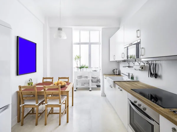 Indoor Mockup Van Een Stijlvolle Lichte Keuken Met Witte Kasten — Stockfoto