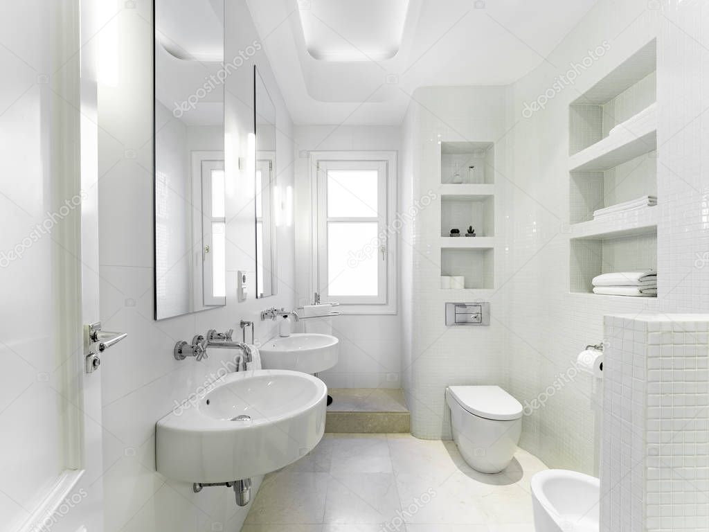 Clean bright bathroom interior with double vanities, vintage steel faucet and white tiles. Minimalist white interior