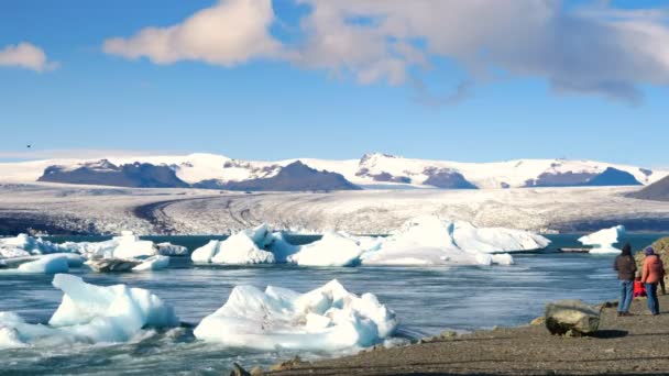 Panorama Jokulsarlon Glacier Icebergs Floating Lagoon One Most Touristic Spots — Stock Video