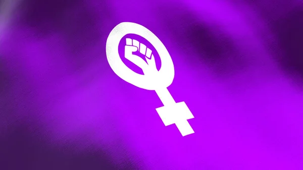 Feminist logo waving flag. Seamless cgi animation highly detailed fabric texture in cinematic slow motion. Women empowerment 3d background of fight for civil rights and equality symbol.