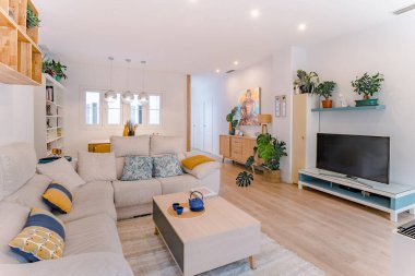 Doğal stili, kanepesi, ahşap masası, resimleri, kitapları ve bitkileri olan rahat, şık bir oturma odası. Geniş modern salon. Toprak renkleri ile iç mekan..
