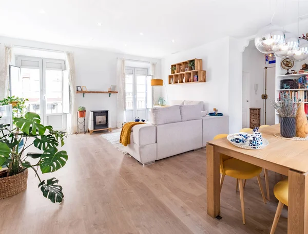 Doğal stili, kanepesi, ahşap masası, resimleri, kitapları ve bitkileri olan rahat, şık bir oturma odası. Geniş modern salon. Toprak renkleri ile iç mekan..